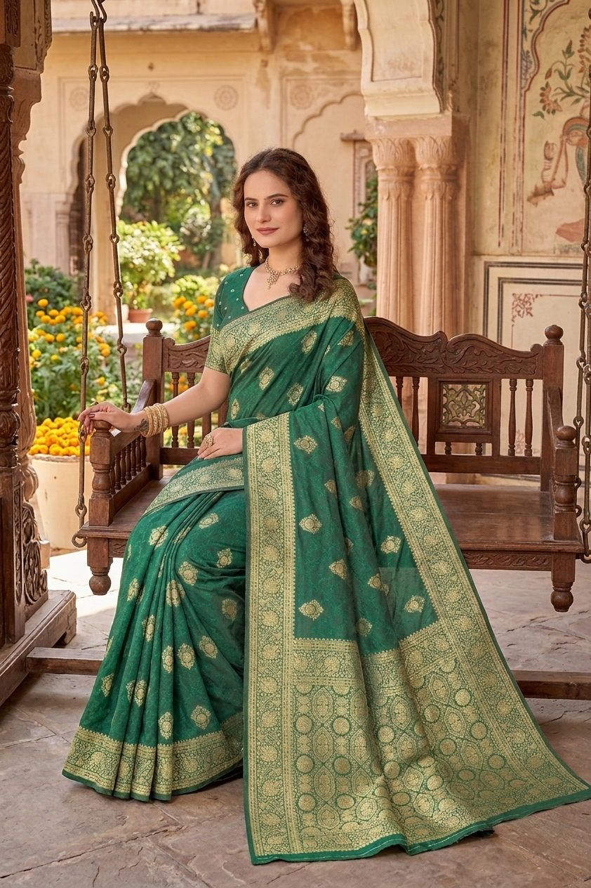 KB STAR Rama Green Silk Banarasi Saree with Elegant Golden Zari Work