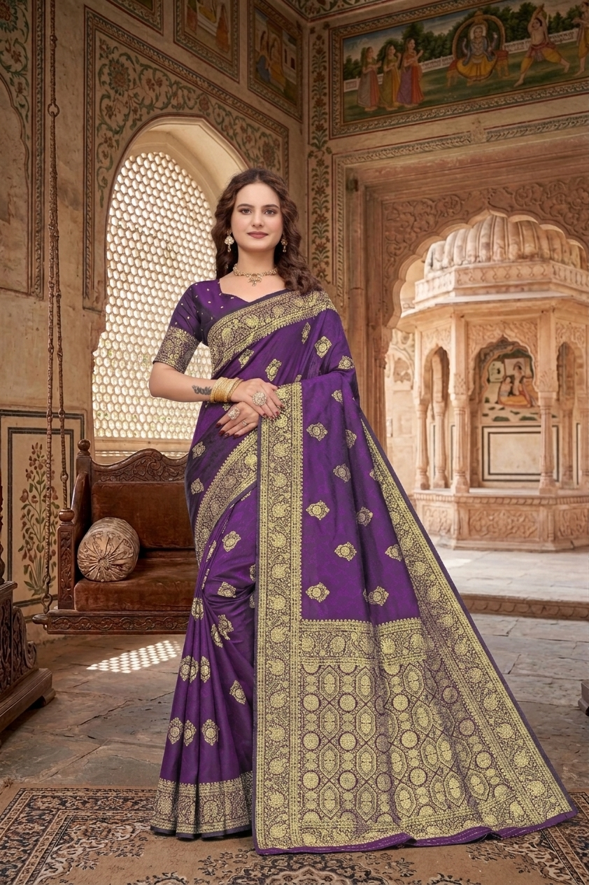 KB STAR Purple Silk Banarasi Saree with Elegant Golden Zari Work