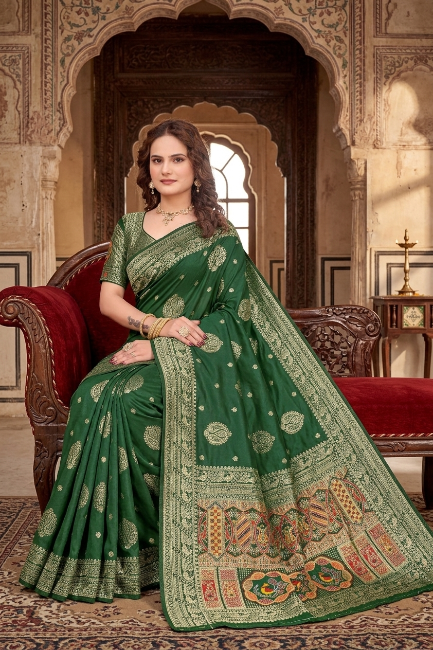 KB STAR Bottle Green Silk Banarasi  Saree with Elegant Golden Zari Work